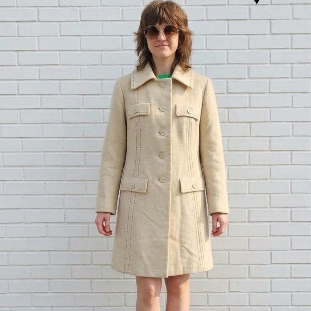 Vintage Nicolette Wool Pea Coat Womens Medium Ivory Mod Old Money Preppy Jacket